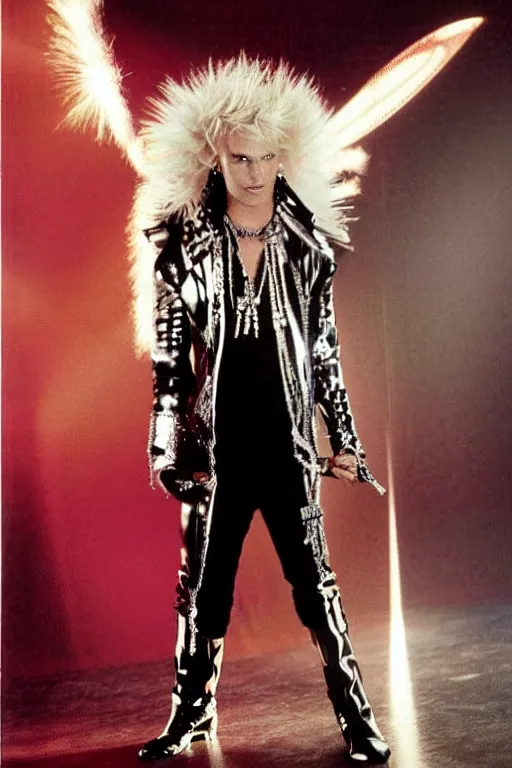 Prompt: portrait billy idol dressed in 1 9 8 1 space fantasy fashion, new wave, psychedelia, shiny metal, standing in a desert