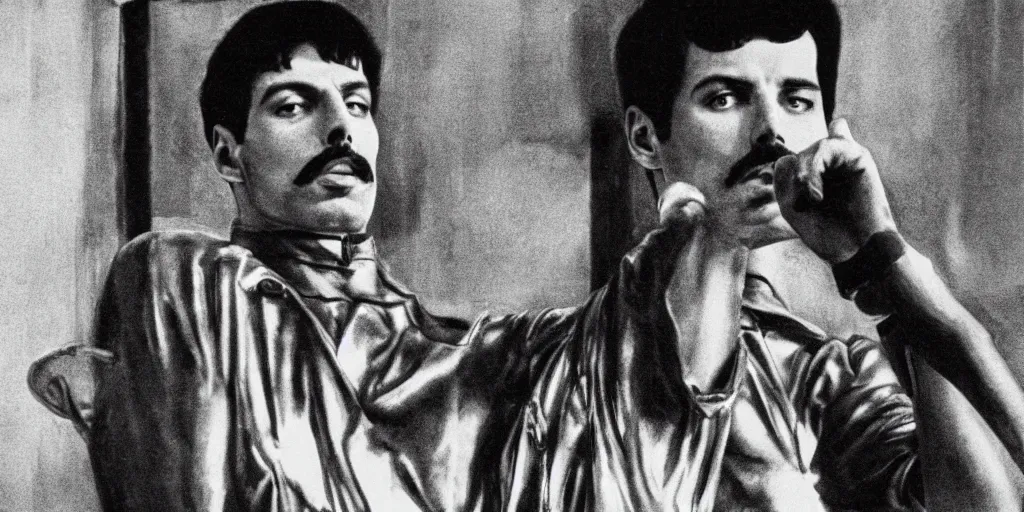 Image similar to freddie mercury sits in a russian prison, black and white photo, realism, 3 5 mm, good lighting