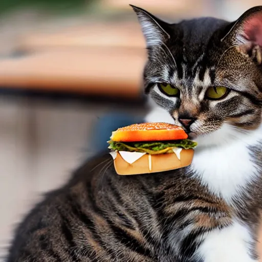 Image similar to realistic photo of a cute cat eating a burger