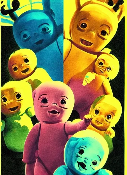 Image similar to teletubbies horror movie poster, grotesque, scary, high details, minimalist, by vincent di fate, artgerm julie bell beeple, inking, 1960s, vintage 60s print, screen print