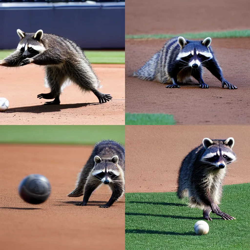 Prompt: Raccoon fielding a ground ball at shortstop in Yankee stadium