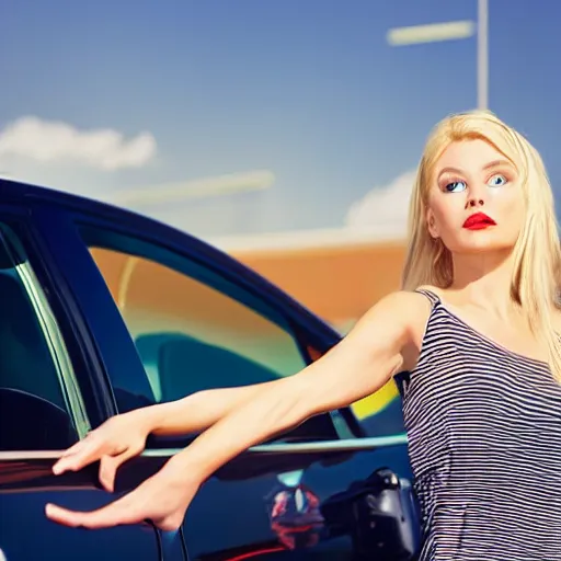 Image similar to petrol station expensive fuel blonde woman nice car cartoon style sunny weather wide shot surprised expression decent clothes valvoline gas