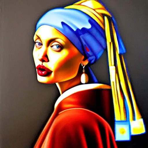 Image similar to a beautiful oil painting of angelina jolie as the girl with a pearl earring