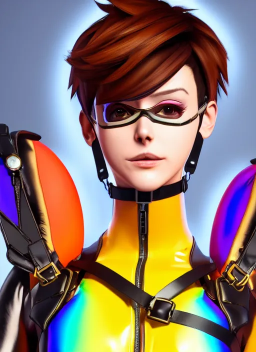 Image similar to portrait bust digital artwork of tracer overwatch, wearing iridescent rainbow latex and leather straps catsuit outfit, 4 k, expressive happy face, makeup, in style of mark arian, angel wings, wearing detailed leather collar, chains, black leather harness, detailed face and eyes,