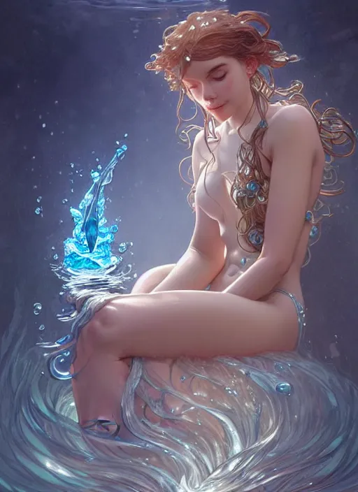 Image similar to a cute water elemental, with hands and hair turning into water, fantasy, intricate, elegant, highly detailed, digital painting, artstation, concept art, wallpaper, smooth, sharp focus, illustration, art by artgerm and greg rutkowski and alphonse mucha