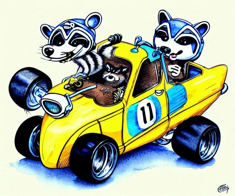 Image similar to cute and funny, racoon wearing racing helmet riding in a tiny hot rod coupe with oversized engine, ratfink style by ed roth, centered award winning watercolor pen illustration, isometric illustration by chihiro iwasaki, edited by range murata