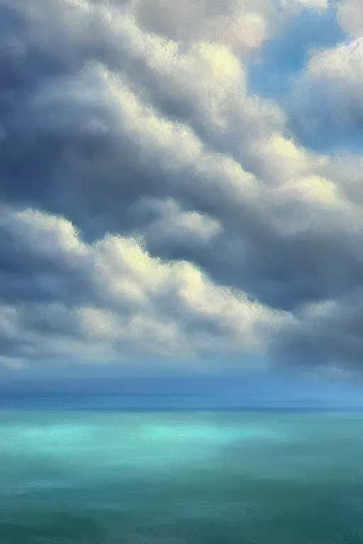 Prompt: digital painting detailed serene ocean mist candy cloudy sky by Cliff Childs