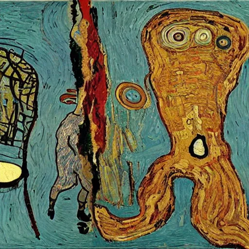 Prompt: The persistence of memory painting by Vincent van Gogh klimt Jean-Michel Basquiat Egon Schiele