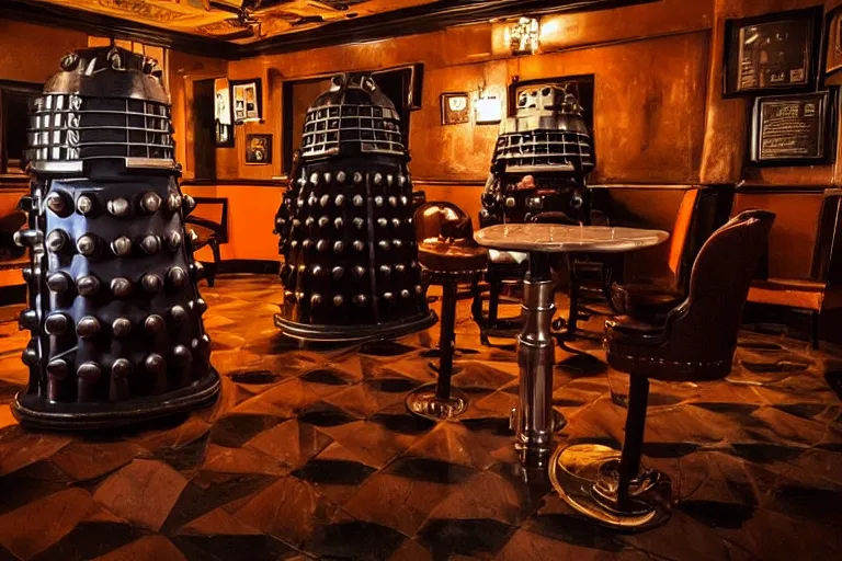 Image similar to photograph of a dalek in a traditional london pub, highly detailed, dramatic lighting, intense shadows, rich deep colours