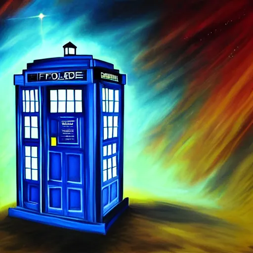 Prompt: view of modern futuristic tardis, time travel, detailed luminescent oil painting 4 k