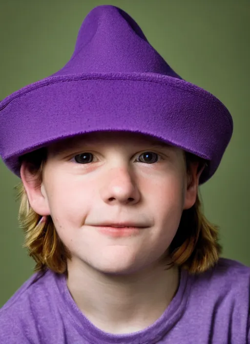 Image similar to portrait photo still of real life young craig tucker wearing a purple hat and purple clothes, 8 k, 8 5 mm, f. 1 4