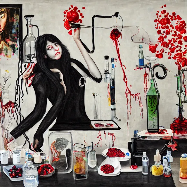 Prompt: empty room with black walls and a futon, a portrait of a female emo pathologist holding an octopus, intravenous drip, wilted flowers, pomegranate, berry juice dripping, pancakes, berries, surgical supplies, scientific glassware, candles, neo - expressionism, surrealism, acrylic and spray paint and oilstick on canvas