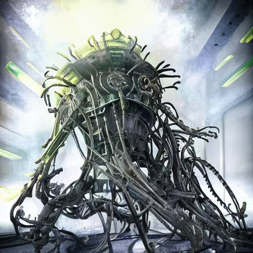 Image similar to phyrexian dreadnought plus borg queen hybrid with protomolecule vesicles being possessed by the machine spirit artists tram pararam and doctor seuss with beryl cook and hr giger neon high contrast cinematic light, mystical shadows, sharp focus, warhammer fourty k, octane render