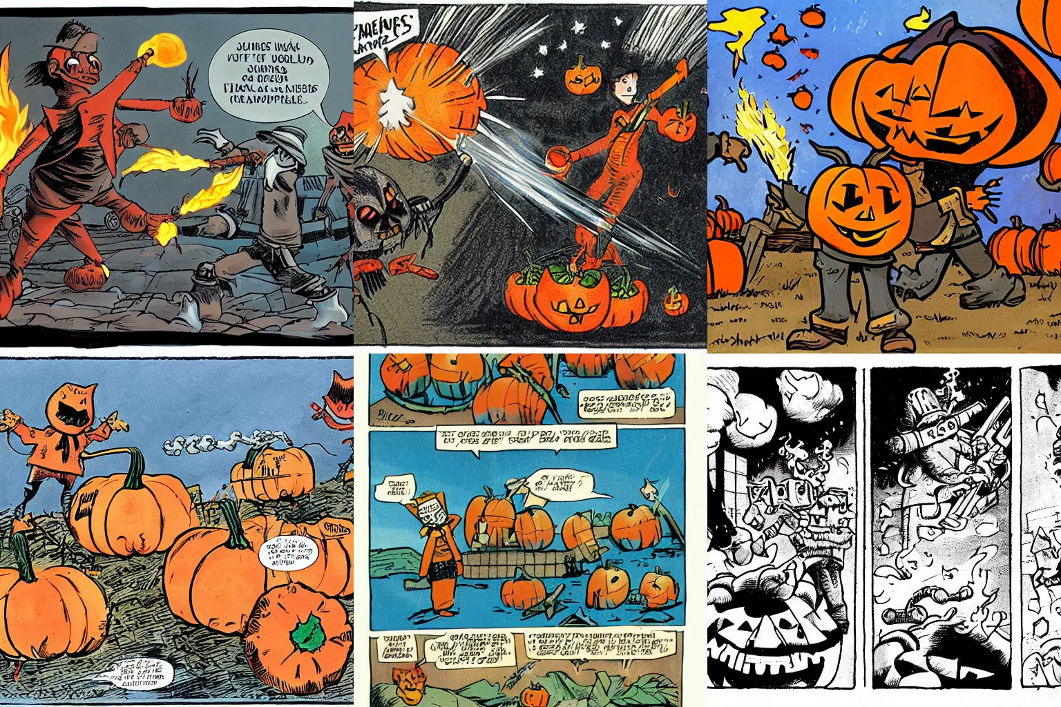 Image similar to Pumpkins holding flamethrowers fighting Scarecrows, comic panel