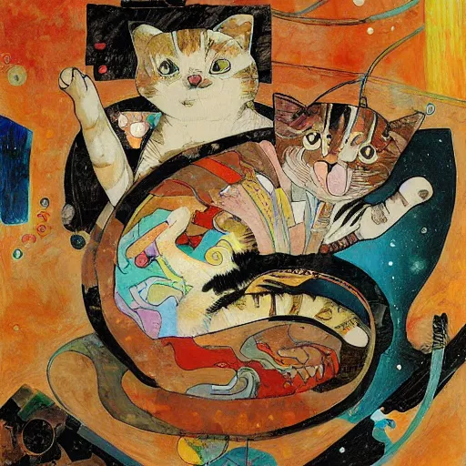 Prompt: cat floating in space , a mix media painting by Victo Ngai and Leonardo da Vinci and Natalia Goncharova, cluttered , child's drawing