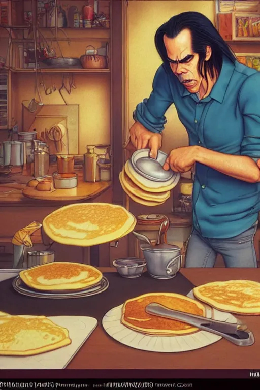 Image similar to 1 9 8 5 nick cave making pancakes, animation pixar style, by pendleton ward, magali villeneuve, artgerm, rob rey and kentaro miura style, golden ratio, trending on art station