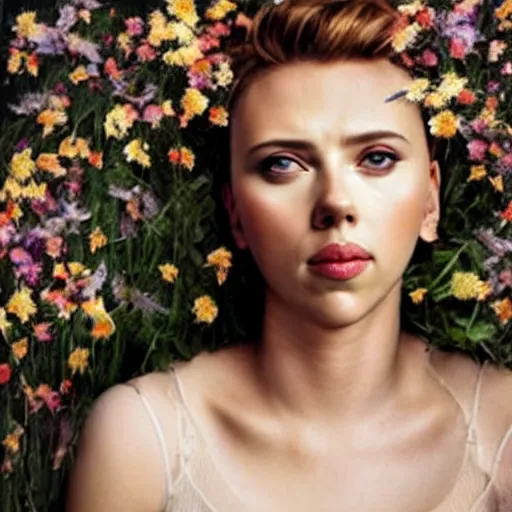 Prompt: Scarlett Johansson portrait with face made of wild flowers