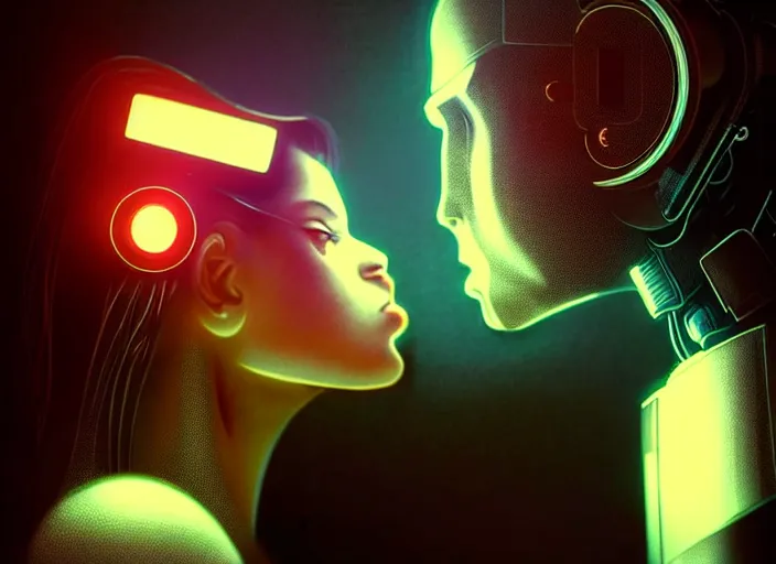 Prompt: ultra realistic photograpic medium shot of a couple of cyborgs kissing, lovers, cyberpunk, sci - fi, fantasy, kodak potra 4 0 0, colour led, soft light, volumetric lighting, night, intricate, highly detailed, digital painting, concept art, smooth, sharp focus, illustration, art by artgerm and greg rutkowski and alphonse mucha