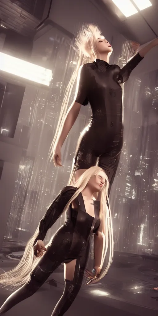 Image similar to a beautiful blonde girl trapped in virtual reality, futuristic, cyberpunk, 3 d rendered, 3 d rendering, dramatic lighting, dark theme, hdr, unreal engine 5, crazy realistic