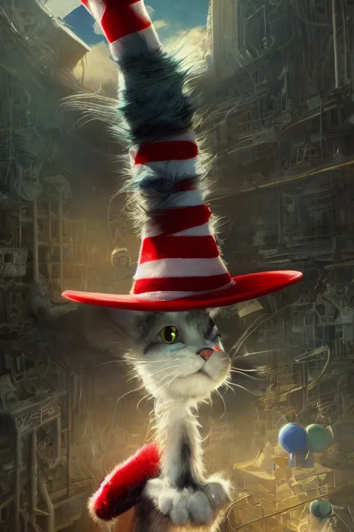 Image similar to complex 3 d render, hyper detailed, ultra sharp, of the cat in the hat, scary, cinematic, natural soft light, rim light, masterpiece by greg rutkowski and artgerm and john berkey, dr seuss