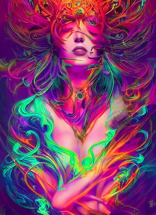 Image similar to psychedelic [ [ [ [ chemiluminescence ] ] ] ] elegant woman chakra spirit with smoke and fluid dynamics, colorful, psychedelic, ornate, intricate, digital painting, concept art, smooth, sharp focus, illustration, blacklight reacting, art by artgerm and greg rutkowski