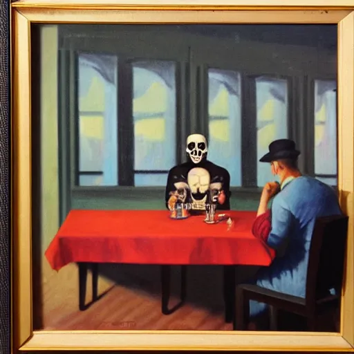 Image similar to a 1 9 5 0 ad for a diner with a portrait painting of a man with a skull as his head is sitting alone on a table, in the style of edward hopper, 4 k,