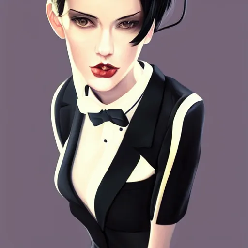 Image similar to slim girl in tuxedo with short black hair, elegant, 2d, ultra highly detailed, digital painting, smooth, sharp focus, artstation, portrait art by Ilya Kuvshinov