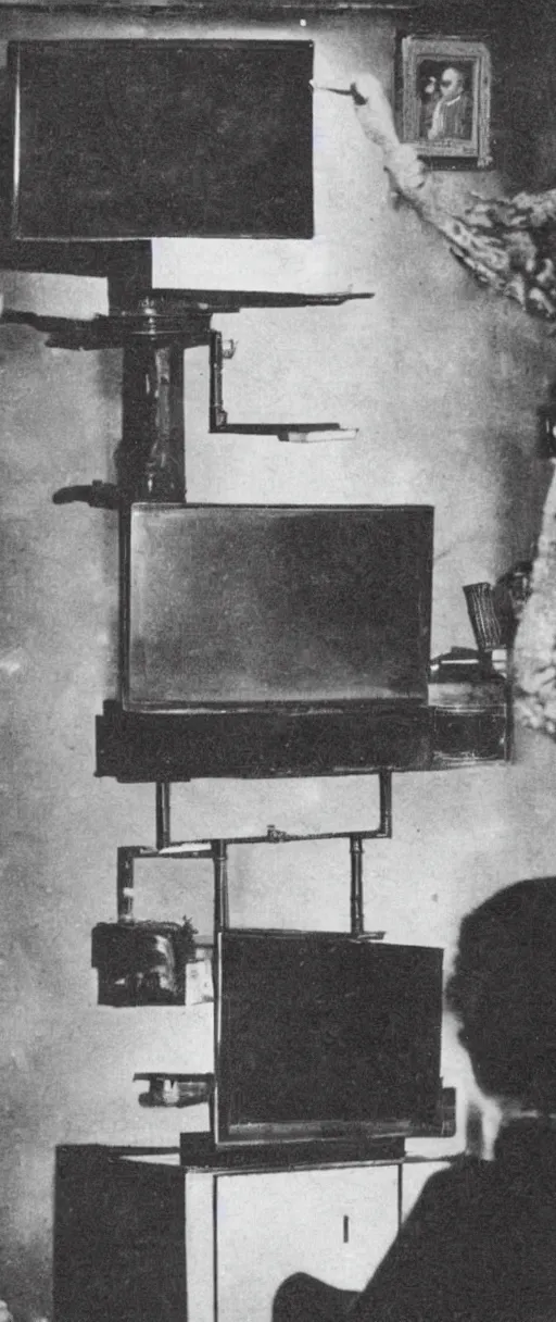 Image similar to 1 9 0 0 s photo of a person watching a flat screen hd tv