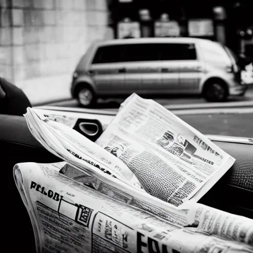 Prompt: a cat in a suit in back of taxi reading a newspaper, black and white, canon camera,