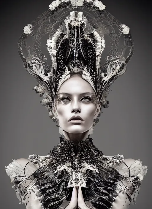 Prompt: portrait of beautiful female super model, perfect symmetrical pose, sharp, by irakli nadar with intricate detailed wearing victorian dress designed by alexander mcqueen and rocky gathercole, haunting, elite, elegant, ruan jia, dark, hyper detailed, concept art, by gustav klimt, rim and back lighting, sharp focus, black background, intricate, detailed