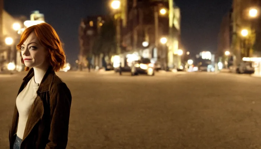 Prompt: charismatic emma stone is looking down a street at night, ambient lighting, cinematic, epic, demonic