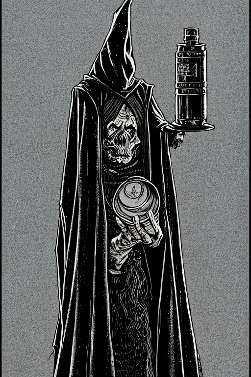 Image similar to wizard in a hooded cloak holding a flask, high details, intricately detailed, by vincent di fate, inking, 3 color screen print, masterpiece, trending on artstation,, sharp, details, hyper - detailed, hd, 4 k, 8 k