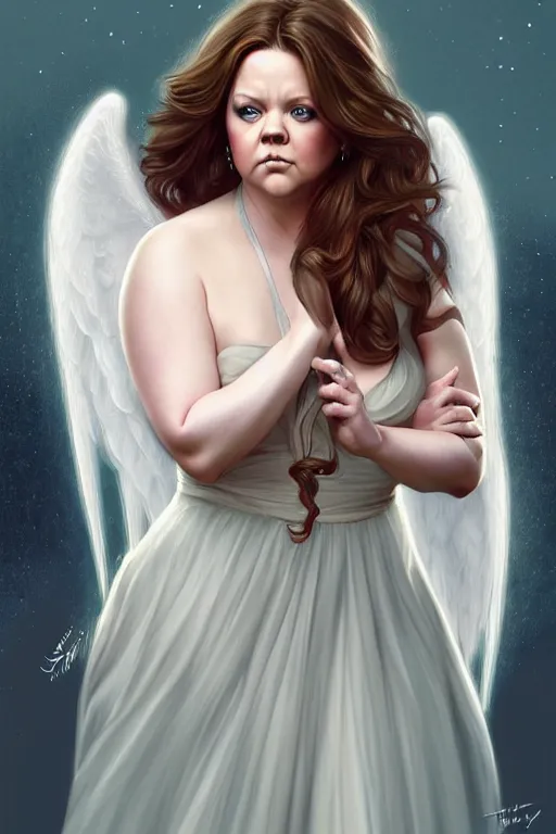 Image similar to Melissa McCarthy as an angel, fantasy, long hair, intricate, elegant, highly detailed, digital painting, artstation, concept art, smooth, sharp focus, illustration, art by artgerm and manara