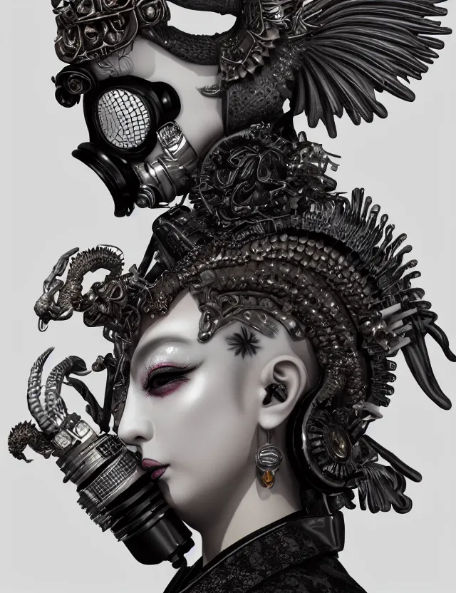 Prompt: 3 d goddess close - up profile punk portrait with vintage gas mask ram skull. beautiful intricately detailed japanese crow kitsune mask and clasical japanese kimono. betta fish, jellyfish phoenix, bio luminescent, plasma, ice, water, wind, creature, artwork by tooth wu and wlop and beeple and greg rutkowski