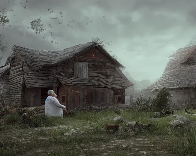 Image similar to of a very beautiful scene. ambient occlusion render. a sweet fat old woman is giving birth to her broken house. hyper realistic. 4 k. wide angle. wild. symmetrical face, red mouth, blue eyes. deep focus, lovely scene. ambient occlusion render. concept art. unreal engine.