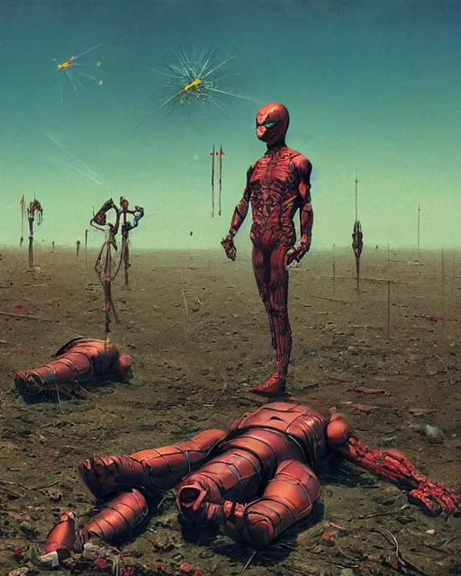 Prompt: dead superheroes on the ground, retrofuturism sci - fi old movie, highly detailed, photorealistic, 8 k, by beksinski and stalenhag
