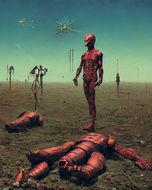 Image similar to dead superheroes on the ground, retrofuturism sci - fi old movie, highly detailed, photorealistic, 8 k, by beksinski and stalenhag