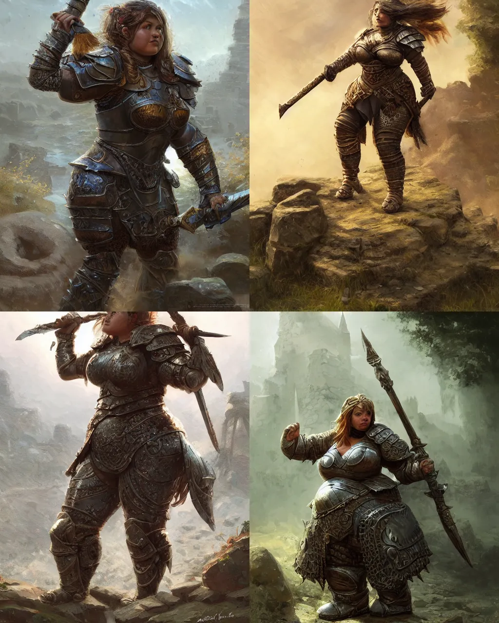 Prompt: chubby female dwarf warrior wearing heavy plate armor, robust stocky body, at the stone ruins, rpg artwork, hyperdetailed, hyperrealistic, soft light, imposing presence, pino daeni and dan mumford, artstation, intricate metal, smooth, sharp focus