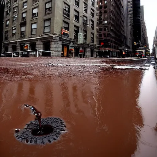 Image similar to new york city abandoned, rain with chocolate liquid, flooding with chocolate melting liquid