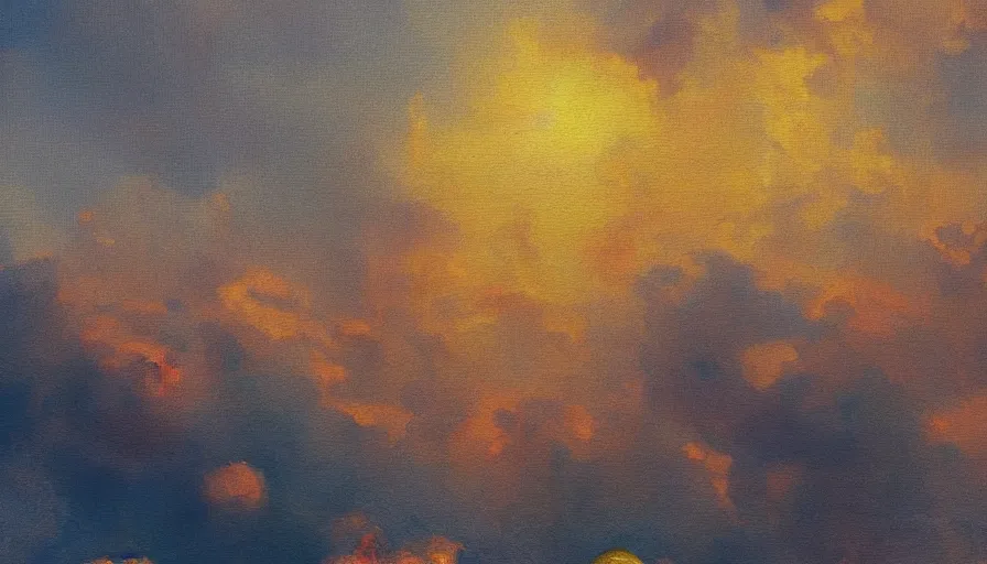 Image similar to a man placed a baby and looked under the burning clouds in the sky. 4 k rendering, impressionist painting style