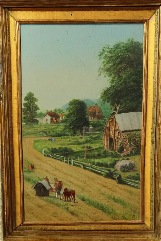 Prompt: antique painting of countryside village farm