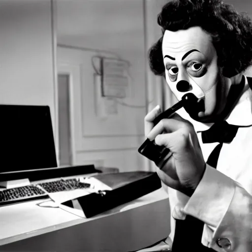 Prompt: noir movie scene by Alfred Hitchcock . a software developer dressed as a clown is smoking in front of a computer.