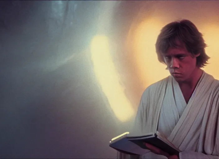 Prompt: single portrait of Luke skywalker uncovering the glowing book of ancient jedi texts. a hazy ethereal ancient temple, screenshot from the 1983 film, Photographed with Leica Summilux-M 24 mm lens, ISO 100, f/8, Portra 400, kodak film, anamorphic lenses