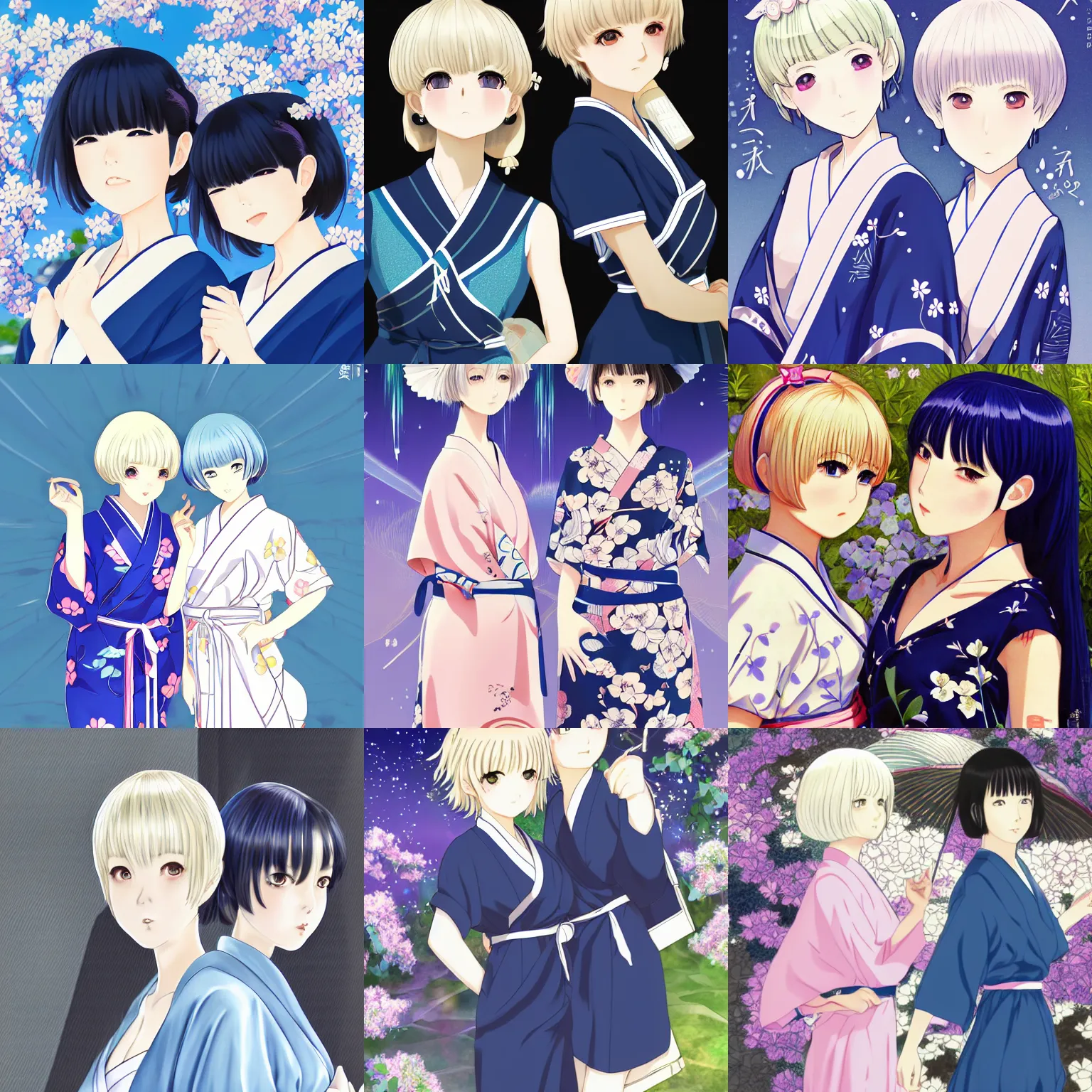 Prompt: An ultradetailed full body portrait of two Japanese girls with white short hair, dress in Yukata, dark blue eyes, symmetrical facial features, digital art, cel shading, dreamy and ethereal, by Shinkai Makoto ,Kyoto Animation, anime illustration, trending on Pixiv.