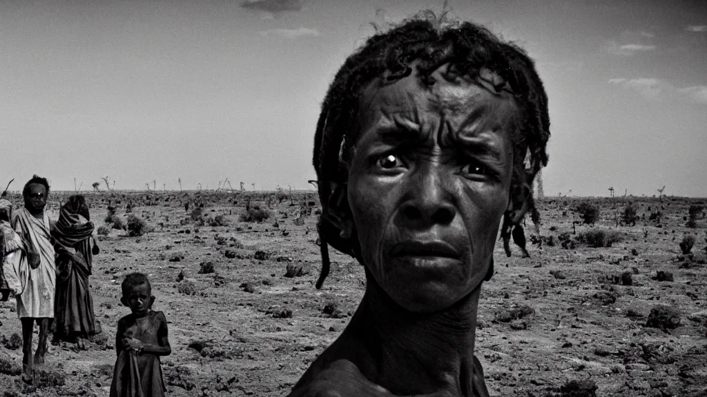 Image similar to 1984 Ethiopian biblical famine and drought, moody, dark, portrait, movie scene, hd, 4k, wide shot