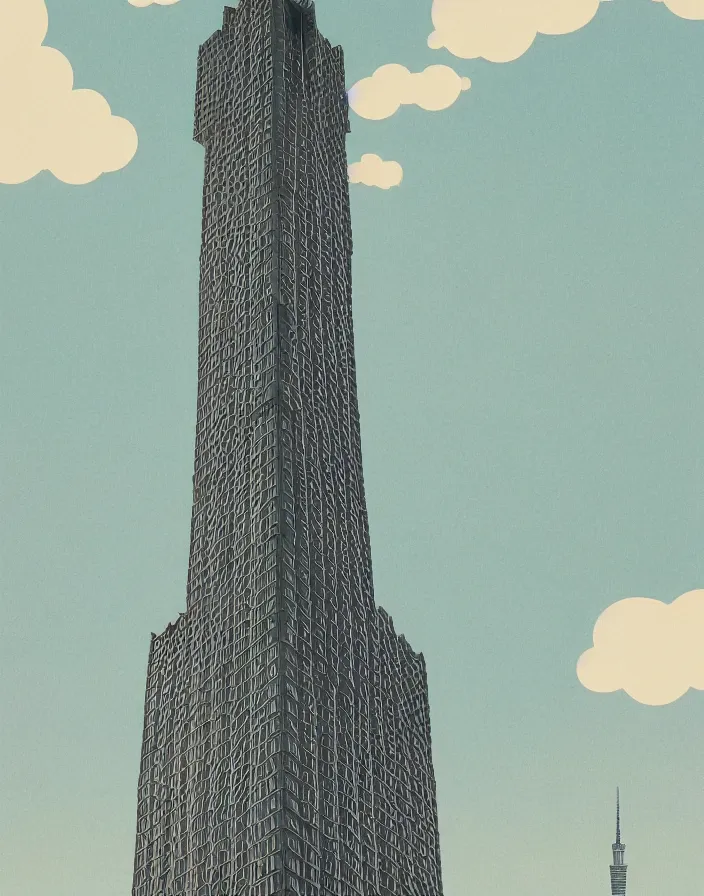 Image similar to fukuoka tower, a collage painting, in the style of wes anderson, lola dupre, david hockney, isolated on negative white space background dark monochrome fluorescent spraypaint accents volumetric octane render, no double figure