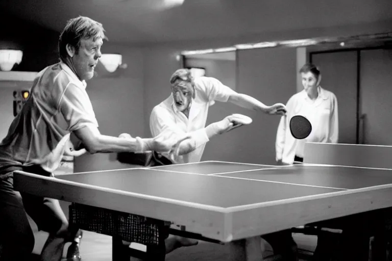 Image similar to Hugh Laurie and Stephen Fry playing table tennis, neon lighting