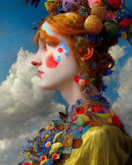 Image similar to a beautiful girl in the clouds wearing colourful face paint surrounded by colourful intricate patterns, by edgar maxence and caravaggio and michael whelan, intricate painting, hyper realistic, extremely detailed and beautiful aesthetic face, 8 k resolution