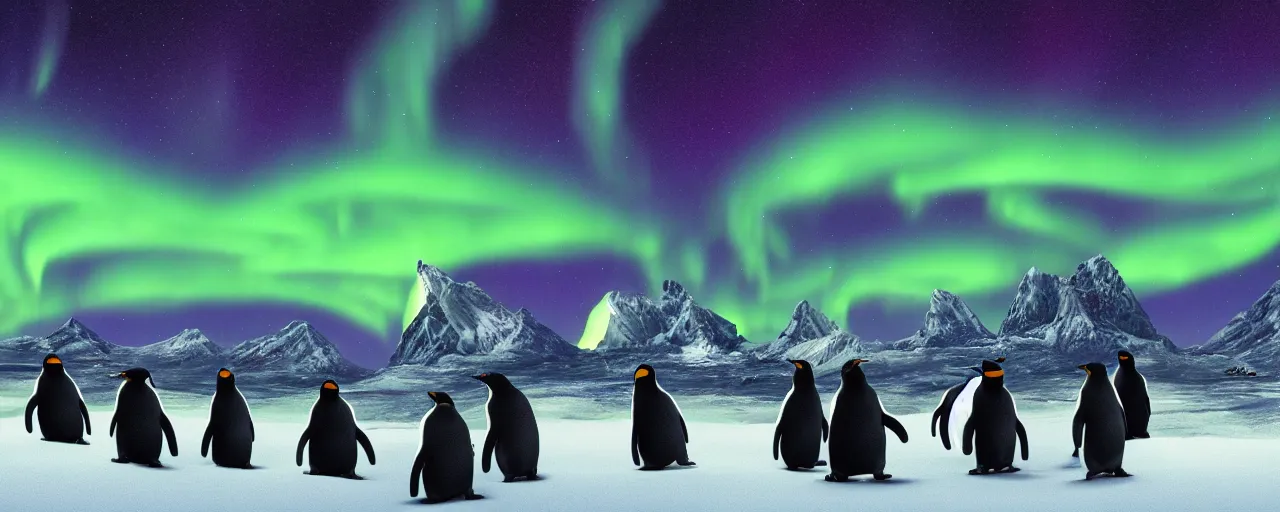 Image similar to a group of penguins watching the aurora borealis, large scale, breathtaking, mixed media, digital art, trending on artstation, 8k, epic composition, highly detailed, AAA graphics