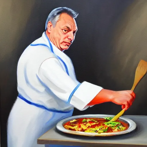 Image similar to viktor orban cooking, oil painting